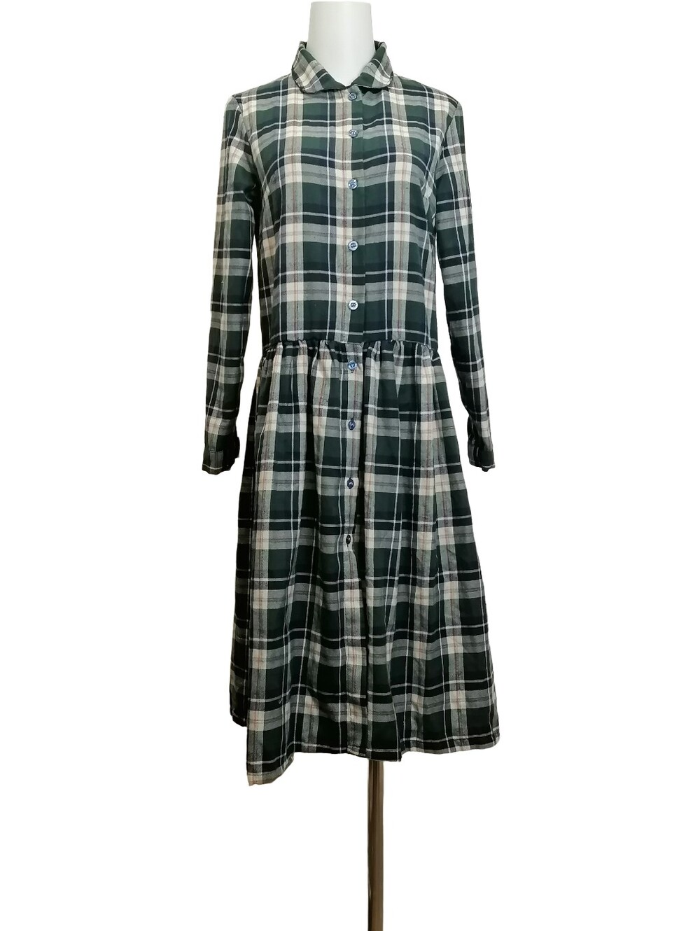🍀🍀Plaid Button-Front Shirt Dress in Green and White